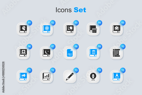 Set Microphone, Holy book of Koran, Book about physics, Chemistry, Decree, parchment, scroll, Law and FB2 File icon. Vector