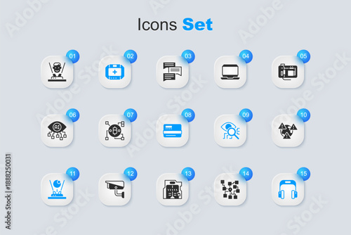 Set Neural network, Blockchain technology Bitcoin, First aid kit, Hologram, Headphones, Earth with exclamation mark, and Credit card icon. Vector
