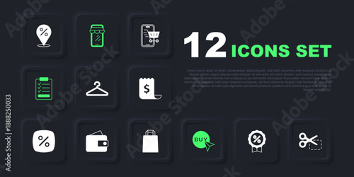 Set Discount percent tag, Scissors cuts discount coupon, Hanger wardrobe, Buy button, Clipboard with checklist, Wallet, Online shopping phone and Paper bag icon. Vector