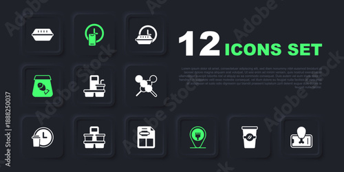 Set Coffee cup to go, Food ordering on mobile, Cafe and restaurant location, Online fish, Round the clock delivery and Restaurant cafe menu icon. Vector