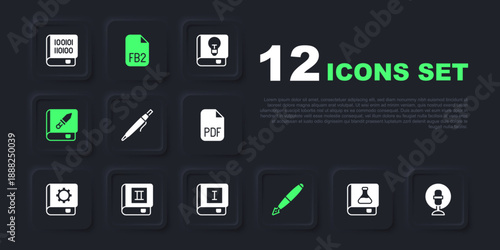 Set Chemistry book, Microphone, Pen, Fountain pen nib, Book about weapon, FB2 File and icon. Vector