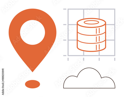 Cloud computing, data storage, technology, geolocation, digital infrastructure, information management. Orange location pin, data grid cloud. Cloud computing and data storage theme