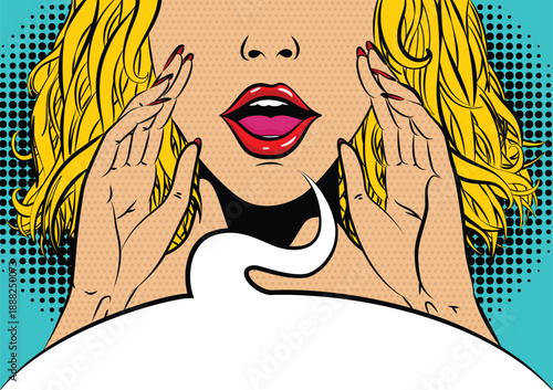 Pop art style vector illustration of a woman thinking about fashion shoes, with a comic speech bubble and bright retro background.