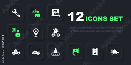 Set Infographic of city map, Taxi car, Location with star, Life insurance shield, driver, Broken taxi, and service rating icon. Vector