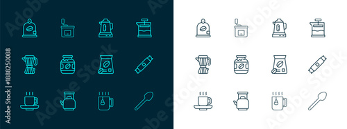 Set line French press, Kettle with handle, Bag of coffee beans, Cup tea bag, Coffee jar bottle, Electric kettle, and Manual grinder icon. Vector