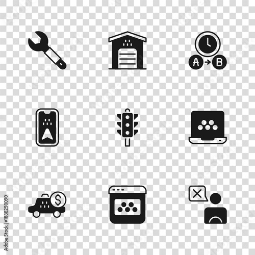 Set Taxi mobile app, driver, Traffic light, waiting time, Wrench spanner, Garage for taxi car and Infographic of city map icon. Vector