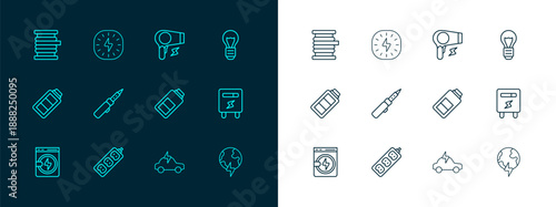 Set line Creative lamp light idea, Electric extension, Battery charge, car, Soldering iron, Hair dryer, Wire electric cable reel and Lightning bolt icon. Vector