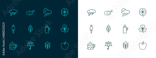 Set line Four leaf clover, Umbrella and rain drops, Thermos container, Wheat, Leaf, Cloud with sun, lightning and Roasted turkey or chicken icon. Vector