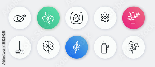 Set line Leaf, Bare tree, Garden rake, Thermos container, Mushroom and Four leaf clover icon. Vector