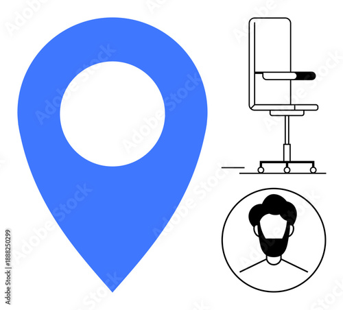 Workplace management, location tagging, online job platforms, professional networking, office setup, workforce planning. Blue geolocation pin, office chair male avatar in black outline. Workplace
