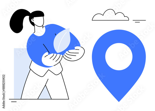 Sustainable living concept. Sustainability ed by a woman holding a leaf and a large location symbol. Sustainability promoting eco-consciousness and environment-friendly practices. For environment