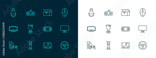 Set line Computer mouse, Old hourglass, Portable video game console, Award cup, Chest for, Bottle with magic elixir and Game controller joystick icon. Vector