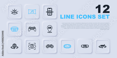 Set line Virtual reality glasses, 360 degree view, Gamepad, Big brother electronic eye, Wide angle picture and icon. Vector