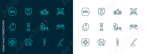 Set line Sword for game, Playing cards, Game console with joystick, VR controller, Old hourglass, Level and Chess shield icon. Vector