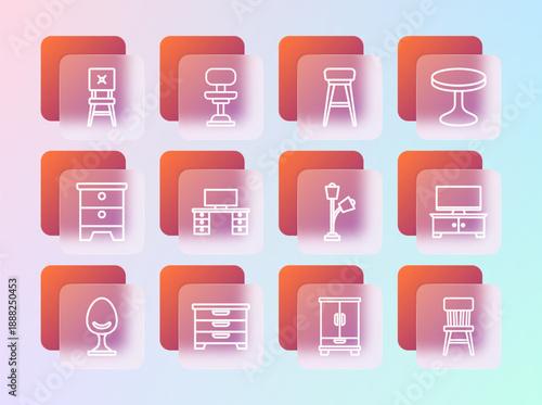 Set line Round table, Chest of drawers, Floor lamp, Wardrobe, Office desk, Chair, and chair icon. Vector