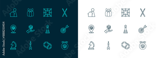 Set line Crossed billiard cues, Dart arrow, Chess, Casino chips, Game dice, Board game, Chip for board and Bowling pin icon. Vector