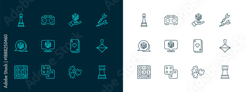 Set line Dart arrow, Game dice, Playing cards, Puzzle pieces toy, Chess and Time chess clock icon. Vector