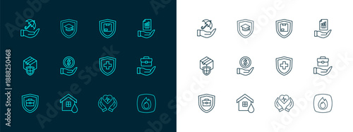 Set line Contract in hand, House flood, Life insurance with shield, Money, Delivery security, Umbrella and Graduation cap icon. Vector