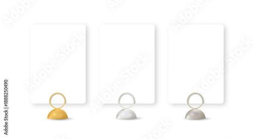 Table stand with metal clip holding blank card for business display. Realistic mockup for restaurant sign, office memo, or desktop message template. Vector