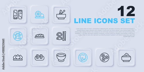 Set line Wonton, Rice in a bowl, Fish steak, Kung Pao chicken, Sushi, Xiao long bao and Soy sauce icon. Vector