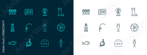 Set line Fishing boots, hook and worm, lure, Case box for fishing, rod, Location, Dried and finder echo sounder icon. Vector