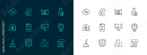 Set line Oil petrol test tube, drop on shield, Broken oil pipe with valve, tank storage, Barrel, pump pump jack, CO2 emissions in cloud and price increase icon. Vector