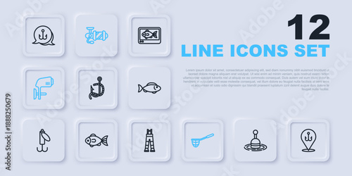 Set line Fishing float in water, hook, and worm, net, Outboard boat motor, Spinning reel for fishing and Fisherman pants icon. Vector