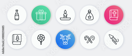 Set line Reindeer, Holy bible book, Christmas, Candy cane with stripes, Santa Claus bag gift, Burning candle, Firework rocket and Lollipop icon. Vector