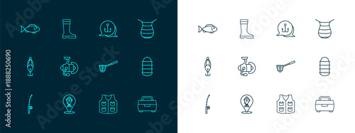 Set line Fishing net, Location fishing, jacket, Spinning reel for, hook, and boots icon. Vector