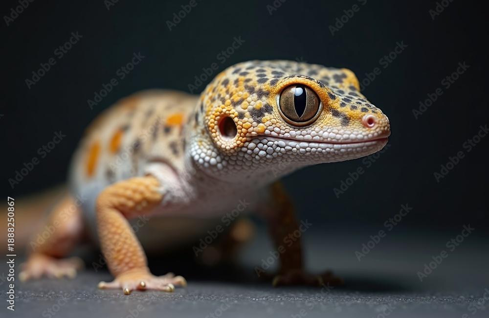 Obraz premium Close-up view of a spotted leopard gecko reptile with orange and black markings resting on a dark surface. Its large eye and textured skin are clearly visible. The animal has a natural pattern.