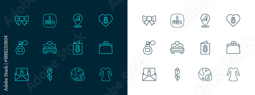 Set line Heart with 8 March, Flower tulip, Greeting card, International Women Day, Bedroom, Woman shoe, Gift bow and icon. Vector