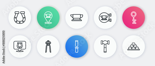 Set line Rasp metal file, Old key, Horseshoe, Hammer, Blacksmith anvil tool, Gold bars and pliers icon. Vector