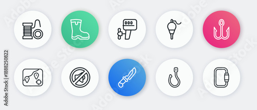 Set line Knife, Fishing hook, Location fishing, float, Outboard boat motor, Carabiner and Speaker mute icon. Vector