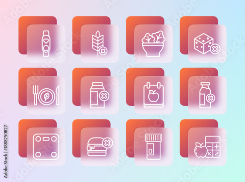 Set line No sugar free, burger, Diet plan, Vitamins, Lactose intolerance, Salad bowl, Smart watch with heart and Gluten grain icon. Vector