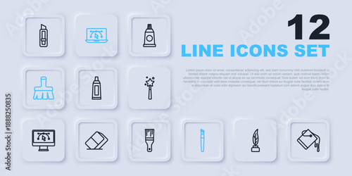 Set line Feather and inkwell, Paint bucket, Tube with paint palette, brush, Eraser or rubber, Computer design program and icon. Vector