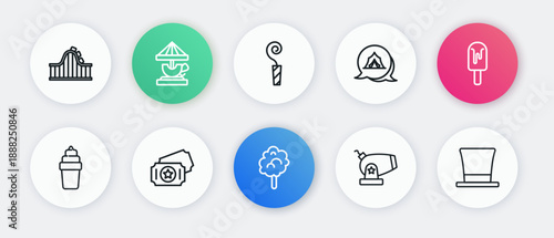 Set line Cotton candy, Ice cream, in waffle, Cannon, Circus tent, Birthday party horn, Cylinder hat and ticket icon. Vector