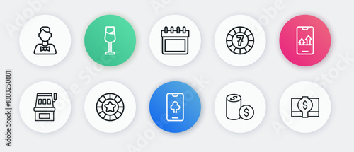 Set line Online poker table game, sports betting, Slot machine, Casino chip with dollar, chips, Calendar, Stacks paper money cash and icon. Vector