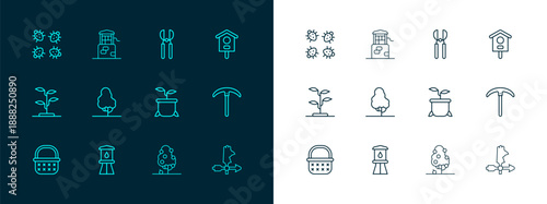 Set line Bird house, Water tower, Plant in pot, Fruit tree, Gardening scissors, Colorado beetle and Well icon. Vector