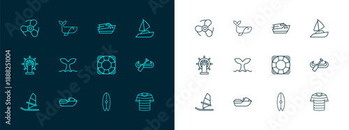 Set line Yacht sailboat, Jet ski, Lifebuoy, Surfboard, Whale tail, Speedboat, Boat propeller and icon. Vector