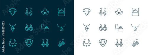 Set line Diamond engagement ring in box, Earrings, Necklace mannequin, and icon. Vector