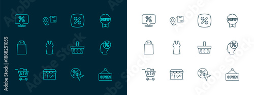 Set line Price tag with New, Market store, Shopping basket, Discount percent, Woman dress, and Location cardboard box icon. Vector