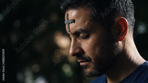 A contemplative man with an ash cross on his forehead observes Ash Wednesday, embodying faith, repentance, and spiritual reflection during the solemn observance