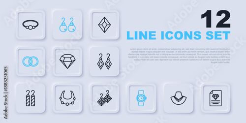 Set line Necklace on mannequin, Certificate of the diamond, Diamond, Wrist watch, Wedding rings, Earrings and icon. Vector