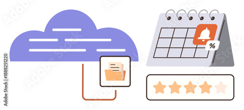 File sharing, cloud storage, productivity tools, task management, user ratings, online systems. Cloud storing files, a calendar with notifications and a rating scale. Cloud storage and productivity