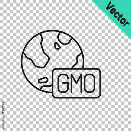 Black line GMO icon isolated on transparent background. Genetically modified organism acronym. Dna food modification. Vector