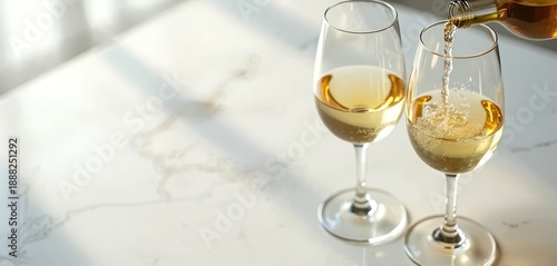 Two glasses of white wine on marble table, amber liquid poured from bottle. Light shines on surface creating elegant atmosphere for tasting or celebration.
