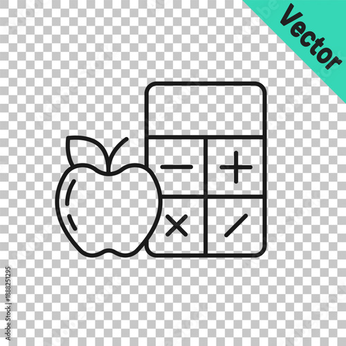 Black line Calorie calculator icon isolated on isolated on transparent background. Calorie count. Diet. Weight loss. Portion control. Healthy eating. Dietary nutrition. Vector