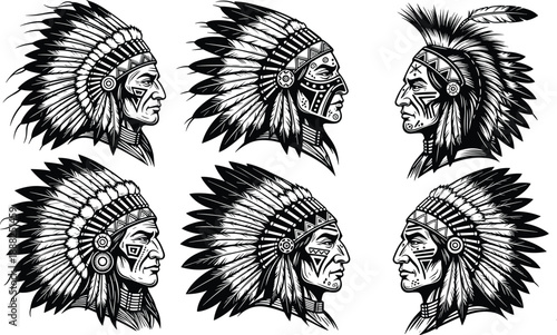 Black-and-white profile illustrations of Native American chiefs with feathered headdresses and cultural motifs for heritage, tattoo, and graphic design themes
