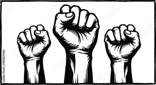 Black-and-white illustration of three raised fists in rectangular frame symbolizing unity, resistance, strength, and solidarity for activism and justice-themed design projects
