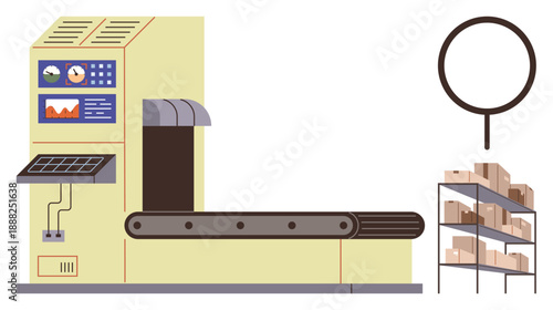 Manufacturing, logistics, quality control, automation, supply chain, production. Conveyor belt with control panel, shelves of boxes and a magnifier. Manufacturing and logistics industry visuals